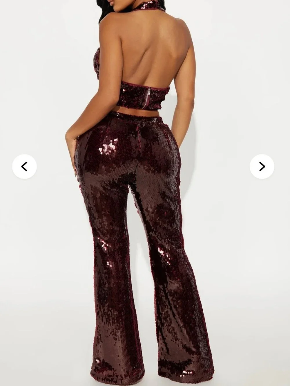 Fashion Nova Burgundy Sequin Halter Crop Top & Flare Pants Set - Picture 3 of 6